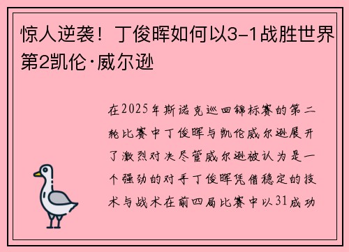 惊人逆袭！丁俊晖如何以3-1战胜世界第2凯伦·威尔逊